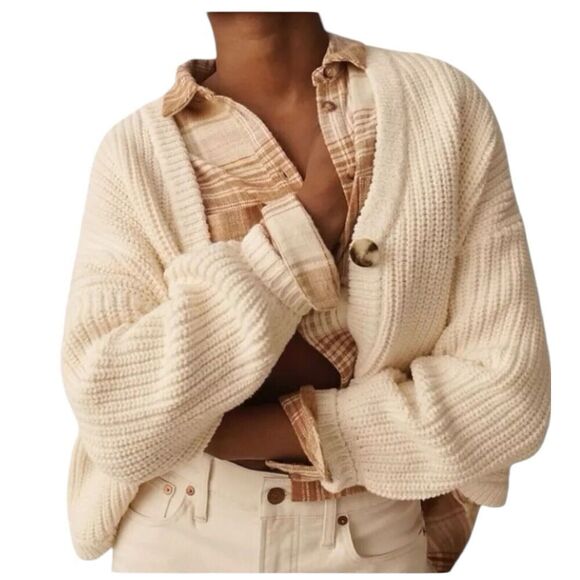 Madewell Sweater XS Cream Cardigan Chunky Shirttail Academia Knit Cottagecore - Picture 2 of 11